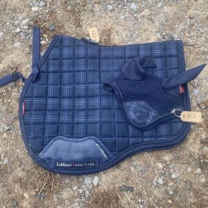 NWT RARE Le Mieux Navy Blue Heritage GP Saddle Pad and Bonnet - Large